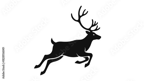 Black silhouette of a reindeer leaping on a white background antlers fully displayed