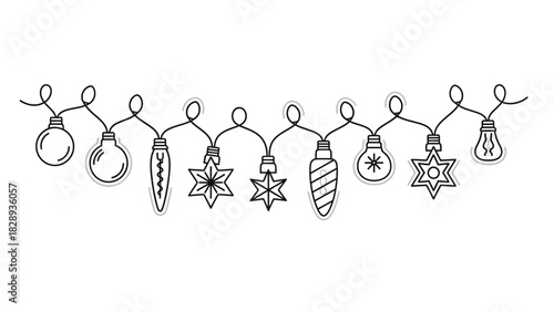 Blackline drawing of Christmas lights assorted bulbs stars ornaments strung together on looped wire