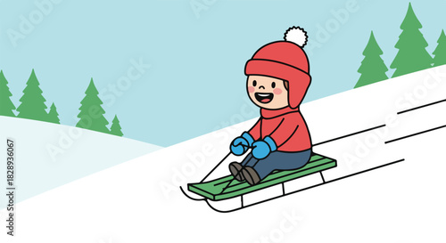 Kid Sledding Down a Snowy Hill Illustration with Winter Trees Landscape
