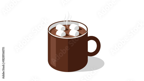 Brown mug of hot chocolate topped with four marshmallows and steam casting a shadow on white background