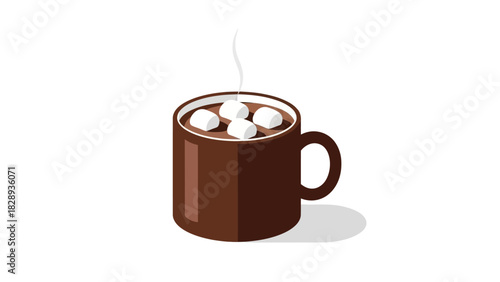 Brown mug filled with steaming hot chocolate topped with marshmallows casting a shadow