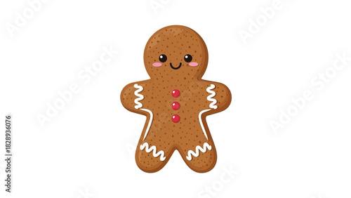 Brown gingerbread person decorated with white icing  red candies on white background