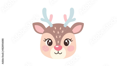 Cartoon deer head with brown fur pink cheeks and light blue antlers