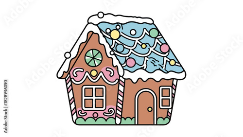 Cartoon gingerbread house with decorated roof candy trims and candy cane details