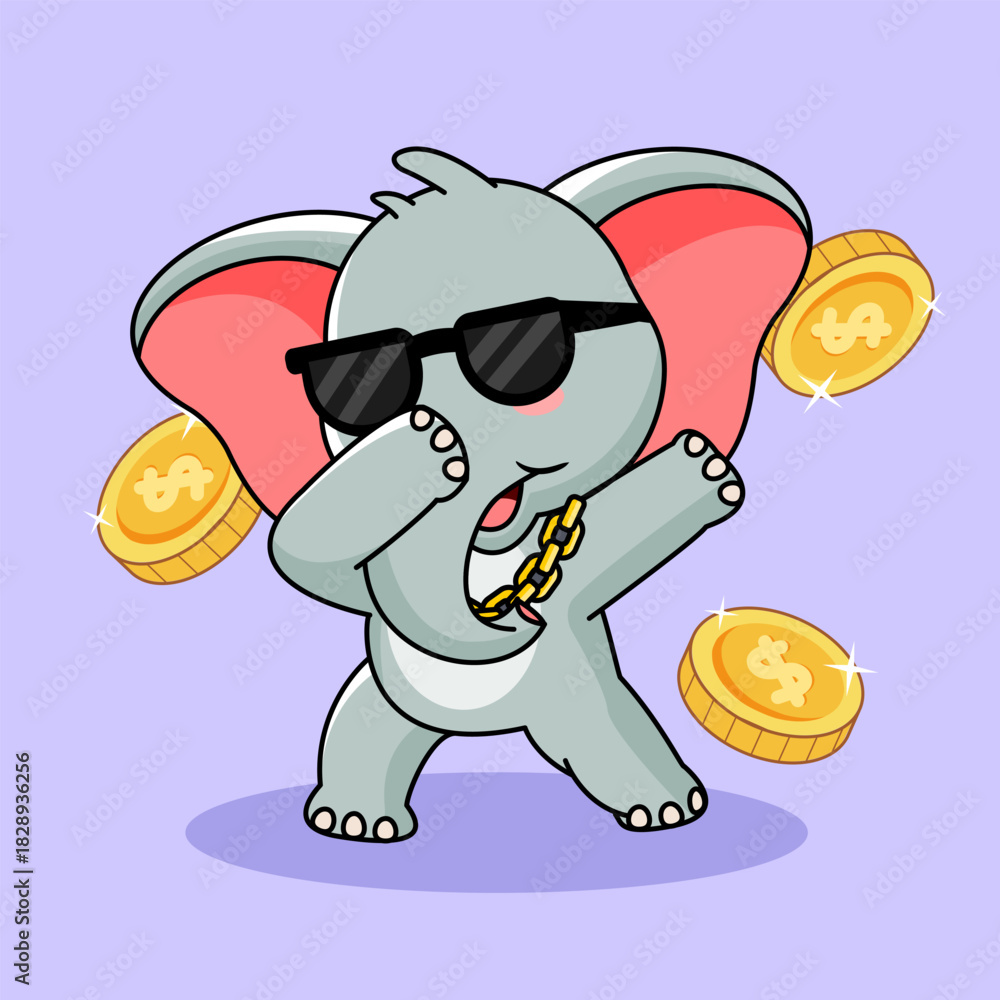 Obraz premium Cool Elephant Dabbing Wearing Sunglasses with Gold Coins Vector Illustration Cartoon Design