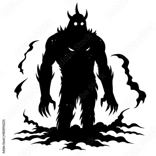 Menacing black silhouette of a horned creature emerging from smoke