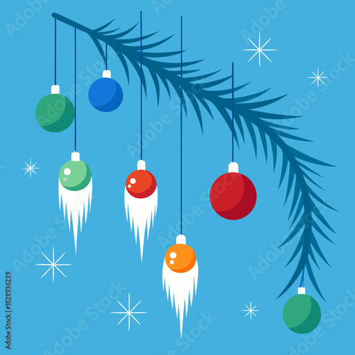 Festive christmas ornaments hang from a pine branch with snowflakes