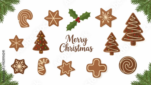 Christmas Ginger bread cookies and holly with Merry Christmas text Pine boughs in two corners