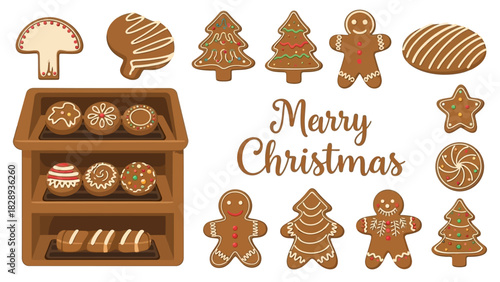Christmas gingerbread cookies arranged with the message Merry Christmas alongside a cookie shelf