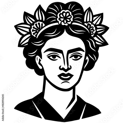 Stylized black and white portrait of a woman with floral headdress