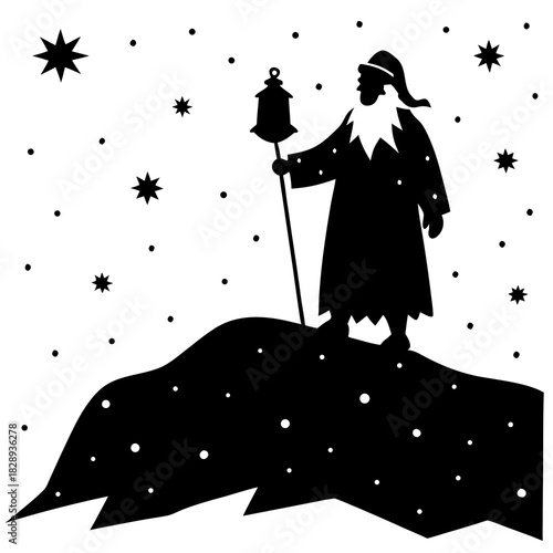 Silhouette of a wise man holding a lantern on a snowy starry night