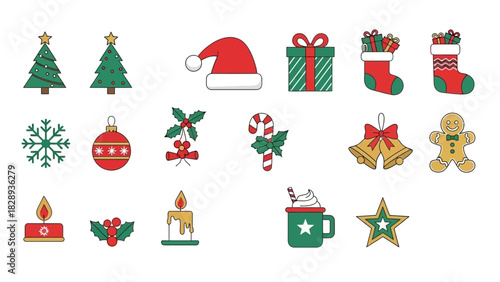Christmas icons trees hat gifts socks snowflake ornament holly candy cane bells gingerbread candles cocoa and star