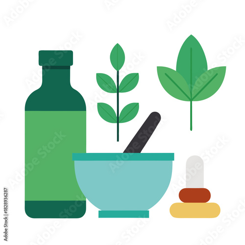 Herbal remedies and natural medicine preparation with mortar and pestle