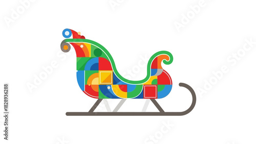 Colorful geometric Santa sleigh with a green outline on runners against a white background