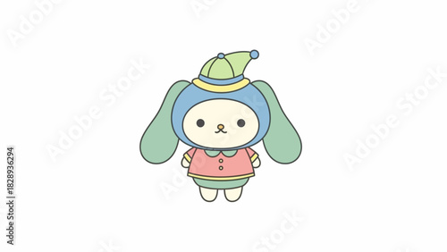 Cute cartoon bunny with a hat and buttoned outfit smiles cheerfully