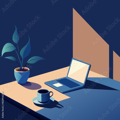Modern minimalist workspace with laptop coffee and plant in soft light