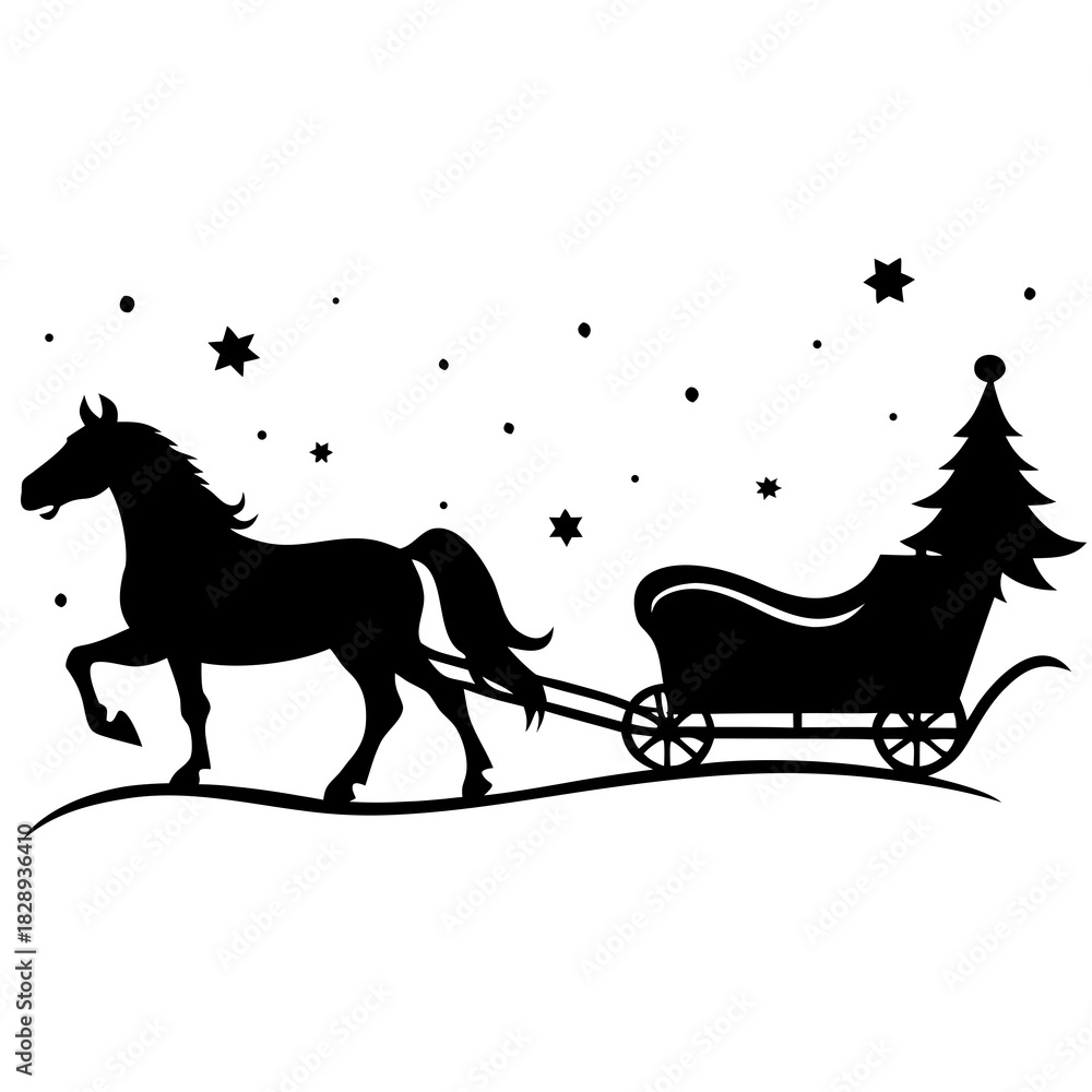 Fototapeta premium Silhouette of a horse pulling a sleigh with a christmas tree under starry sky