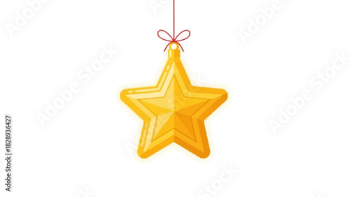 Golden star ornament hangs by a thin red string against a white background