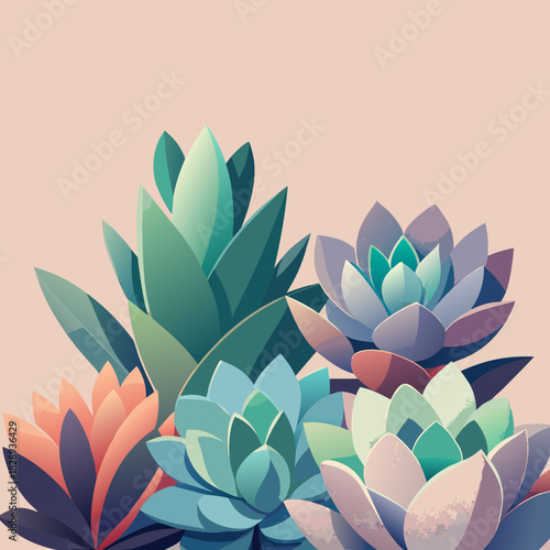 Vibrant abstract succulent arrangement with soft pastel background