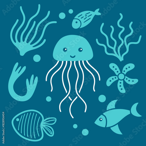 Cute underwater scene with jellyfish fish seaweed and starfish