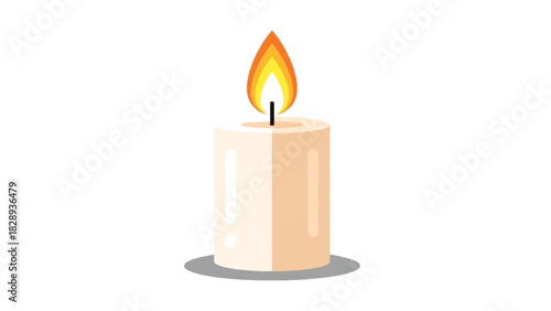 Lit candle with a white wax body and bright orange flame atop