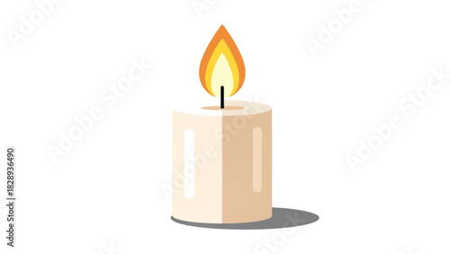 Lit candle on a white surface casting a gray shadow