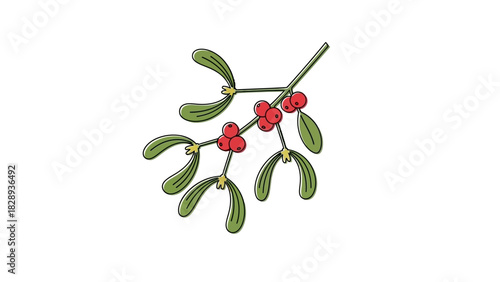 Mistletoe sprig with paired leaves and red berries depicted in a simplistic illustrated style