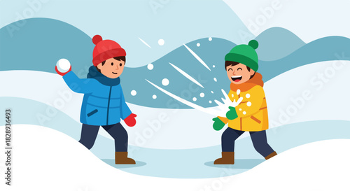 Happy Children Playing Snowball Fight in a Winter Wonderland Snow Scene