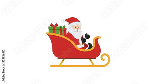 Santa in a red sleigh with green presents riding on gold runners