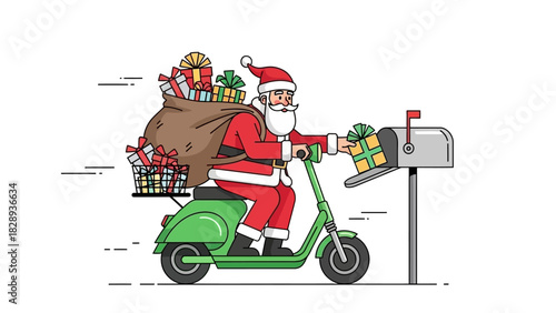 Santa on a green scooter puts a gift in a mailbox with a sack of presents