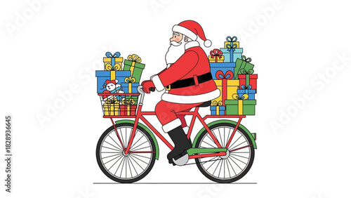 Santa rides a red and green bicycle laden with gifts for Christmas