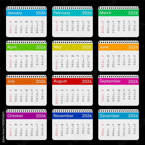 Colorful calendar illustration for 2026 with monthly layouts and vibrant design elements