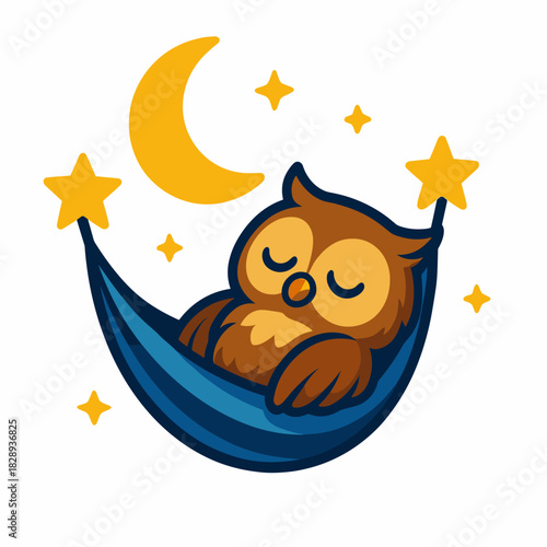 Adorable Owl Sleeping In Crescent Moon Hammock With Hanging Stars Nighttime Lullaby Concept
