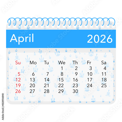 April 2026 calendar illustration with blue spiral binding and decorative cactus design