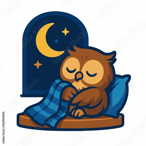 Cute Brown Owl Sleeping Soundly With Blue Blanket Near Window Under Night Moon And Stars
