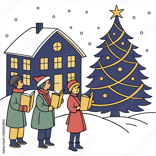 Christmas carolers singing in a winter town scene vector illustration. Group of people with songbooks next to a decorated tree.