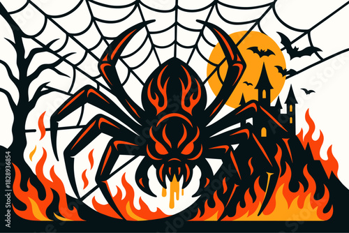 Creepy Giant Spider With Web And Haunted House Silhouette For Halloween Horror Theme Design
