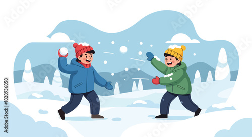 Two young boys having a snowball fight in a snowy winter landscape with trees and falling snow