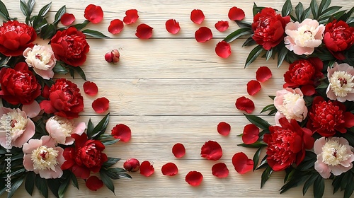 Top-down floral flat lay of vibrant red and soft blush peony blossoms and scattered petals on rustic wood, providing ample copy space, shot with bright, diffused lighting