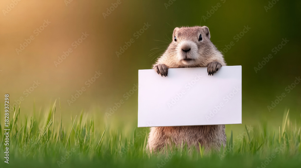 Fototapeta premium Cute groundhog or beaver like animal presenting empty white signboard with both paws, standing in fresh green grass