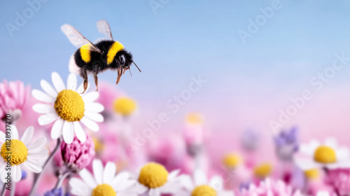 Bumblebee flying towards a white daisy in a vibrant spring field, immersed in the beauty of nature, illustrating the importance of pollination