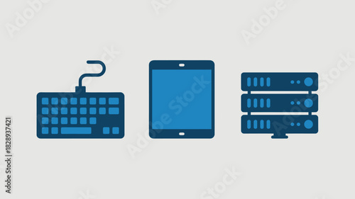 Set of flat design technology icons including keyboard tablet and server vector illustration isolated on white background