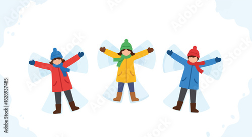 Three Kids Making Snow Angels on a Winter Day with Joyful Laughter