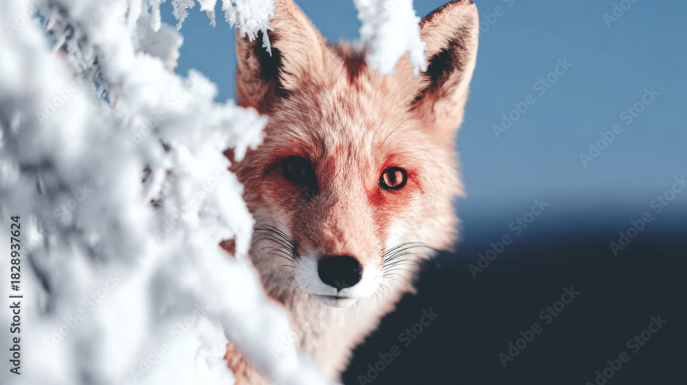 Naklejka premium Red fox looking directly ahead, partially hidden by snow covered branches against a blue sky, reflecting winter wildlife