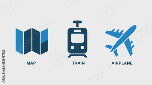 Travel icon set featuring map train and airplane simple flat vector design for user interface and infographic elements isolated on white background
