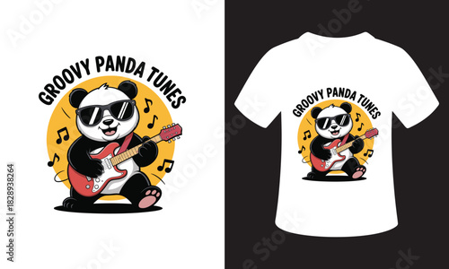 Groovy panda playing guitar with sunglasses and music notes
