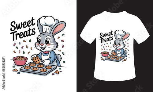 Cute cartoon bunny chef preparing sweet treats and cookies