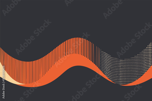 A visually striking abstract graphic features flowing orange and yellow wave-like forms with a textured pattern against a dark gray background, creating a modern design.