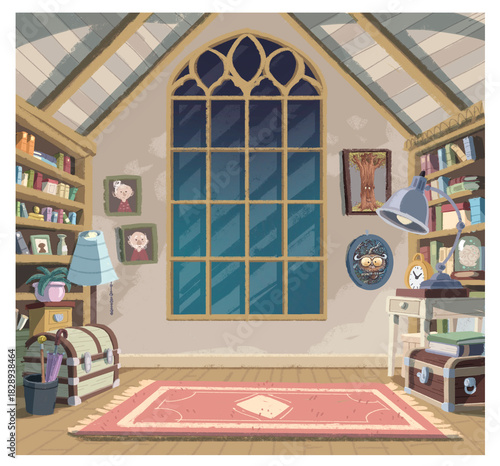 Drawing of a children's room with books and a rug