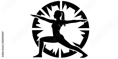 Yoga Warrior Pose Circle Logo Vector Silhouette